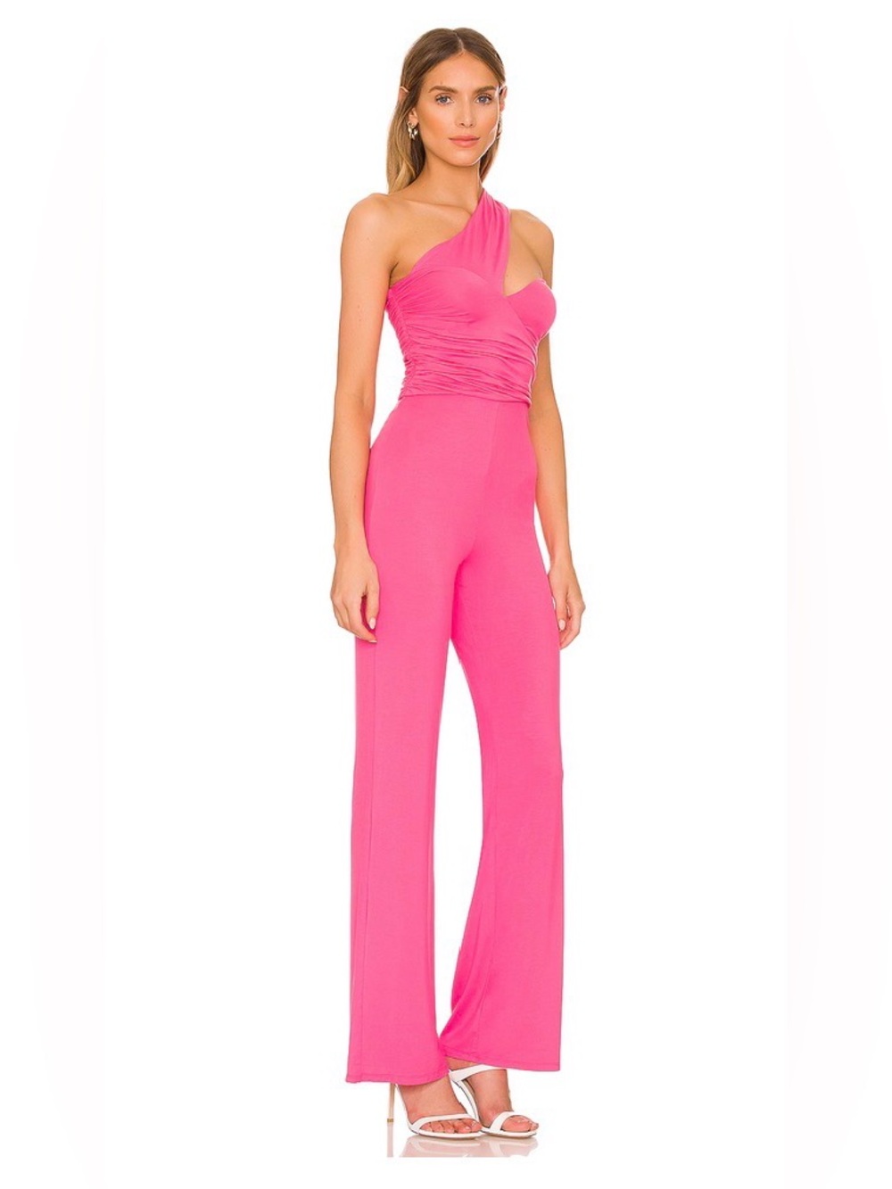 Lovers + Friends Liv Jumpsuit Pink One Shoulder Wide Leg Size Large $188 NEW